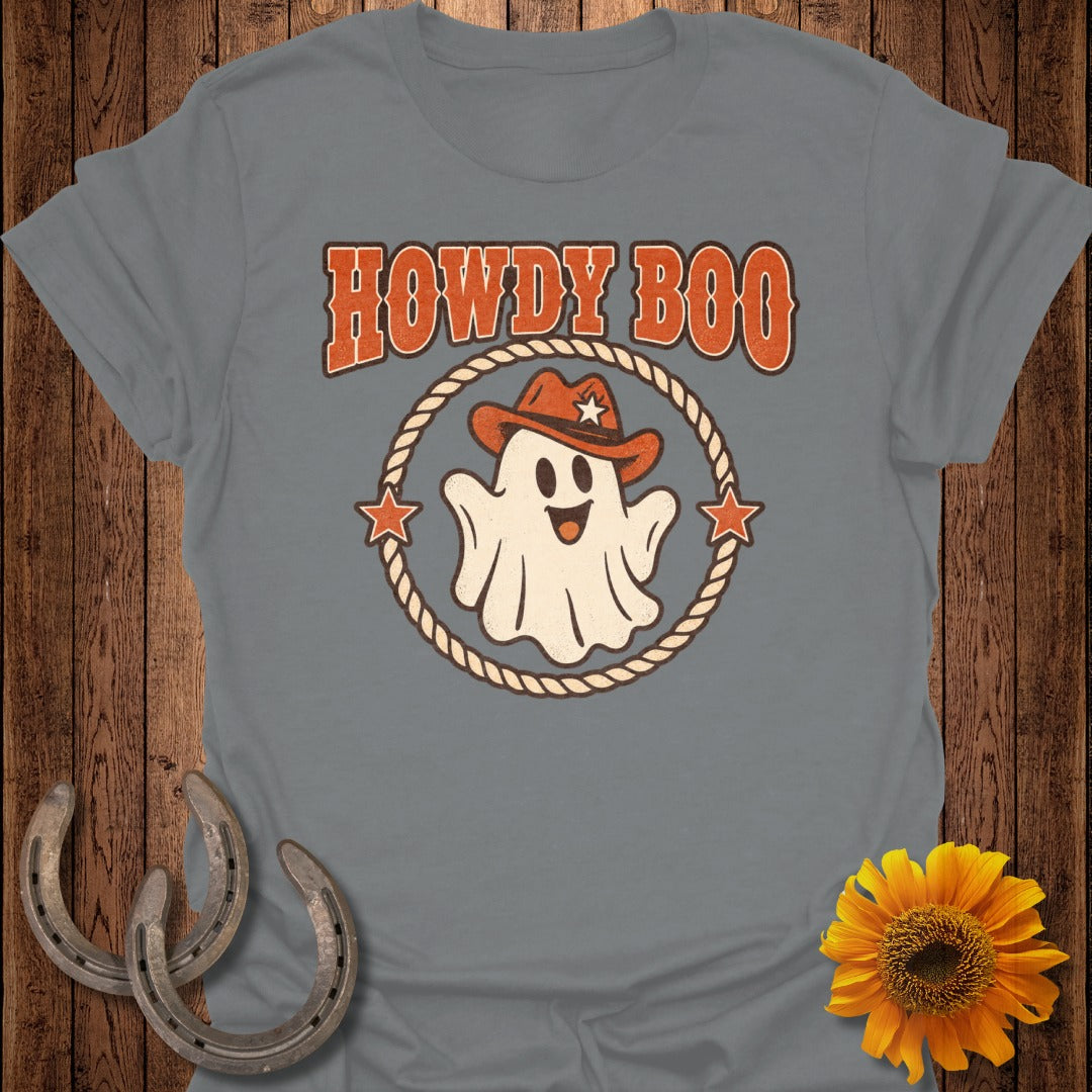 Grey t-shirt with "Howdy Boo" text and a ghost wearing a cowboy hat.