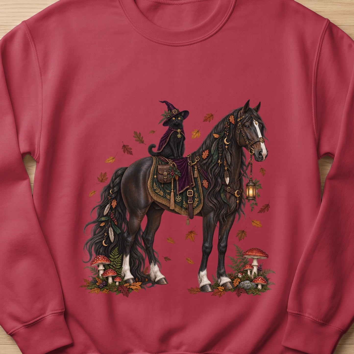 Black cat in witch hat rides black horse with autumn leaves and mushrooms.