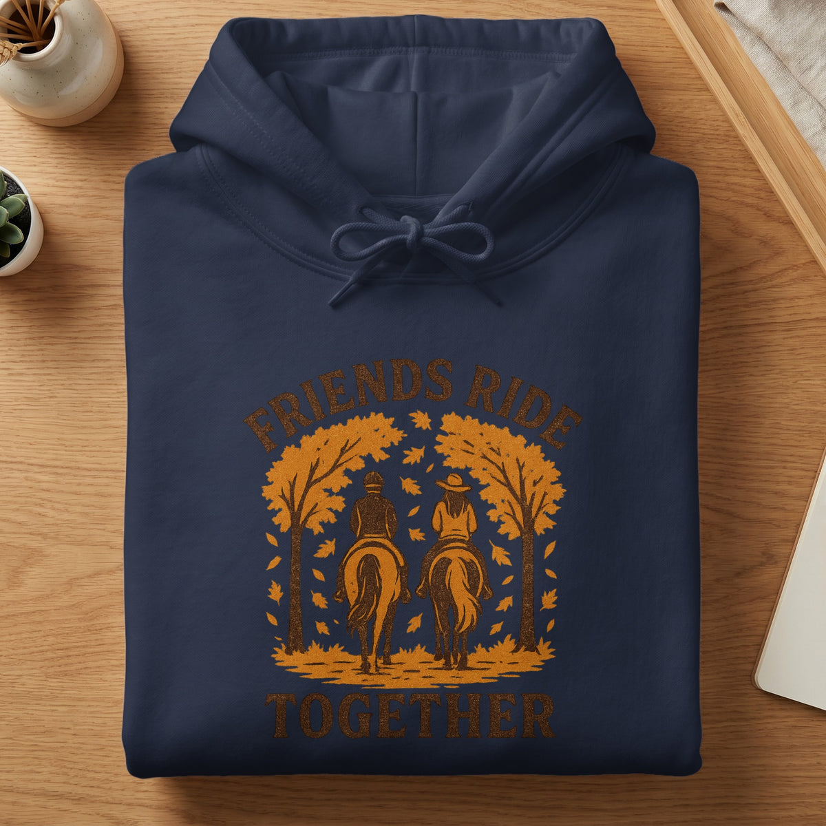 Navy hoodie with "Friends Ride Together" text and horse riders in trees.