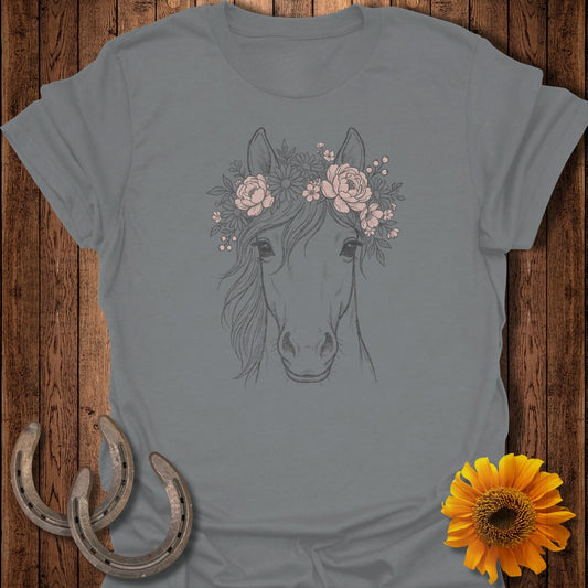 Horse head with a floral crown, two horseshoes, and sunflower.
