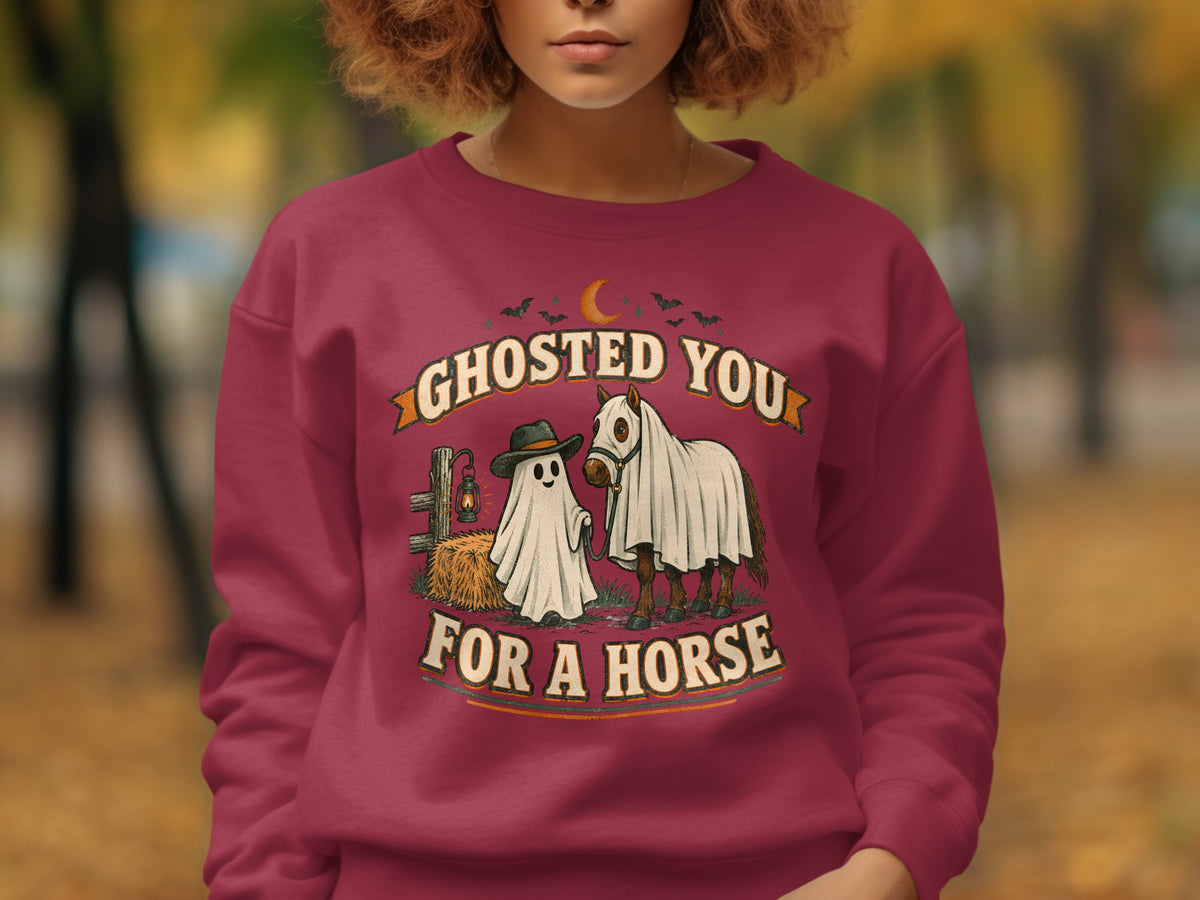 Ghosted You for a Horse Halloween graphic with a ghost, horse, and fence.