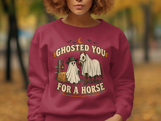 Ghosted You for a Horse Halloween graphic with a ghost, horse, and fence.