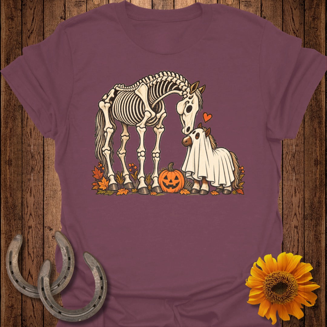 Skeleton horse and ghost horse with pumpkin and autumn leaves.