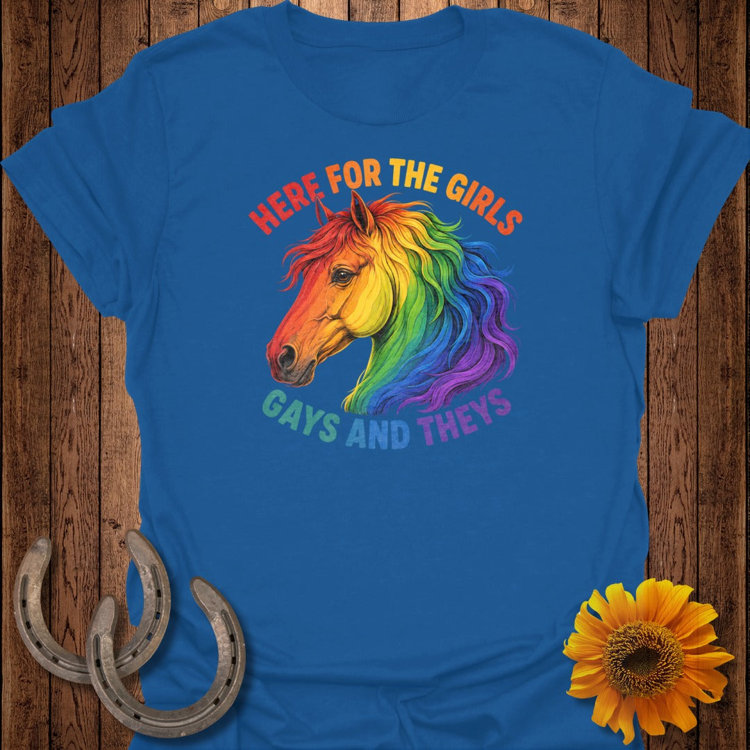 Blue t-shirt with rainbow horse and text "HERE FOR THE GIRLS GAYS AND THEYS".