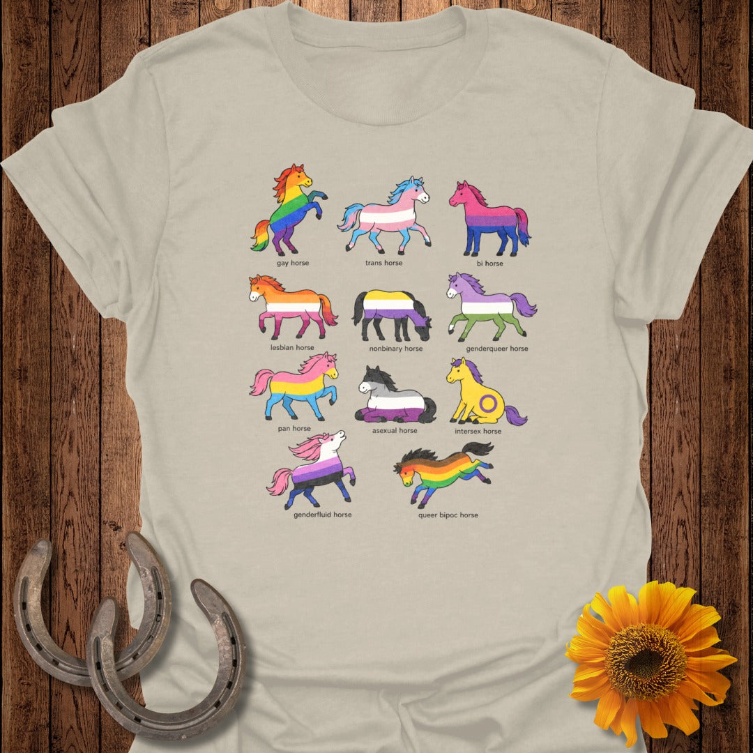 Various horses with pride flags in their manes and tails.