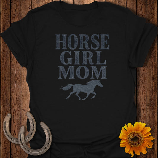 Black t-shirt with "HORSE GIRL MOM" text and running horse graphic.