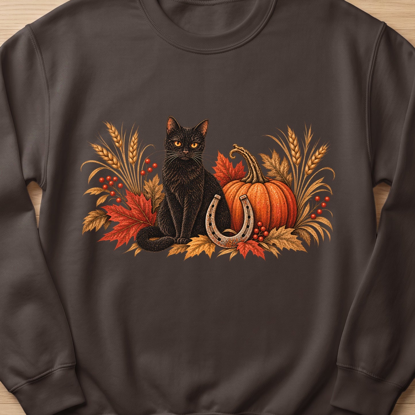 Black cat, pumpkin, horseshoe, and autumn leaves graphic on a dark brown sweatshirt.
