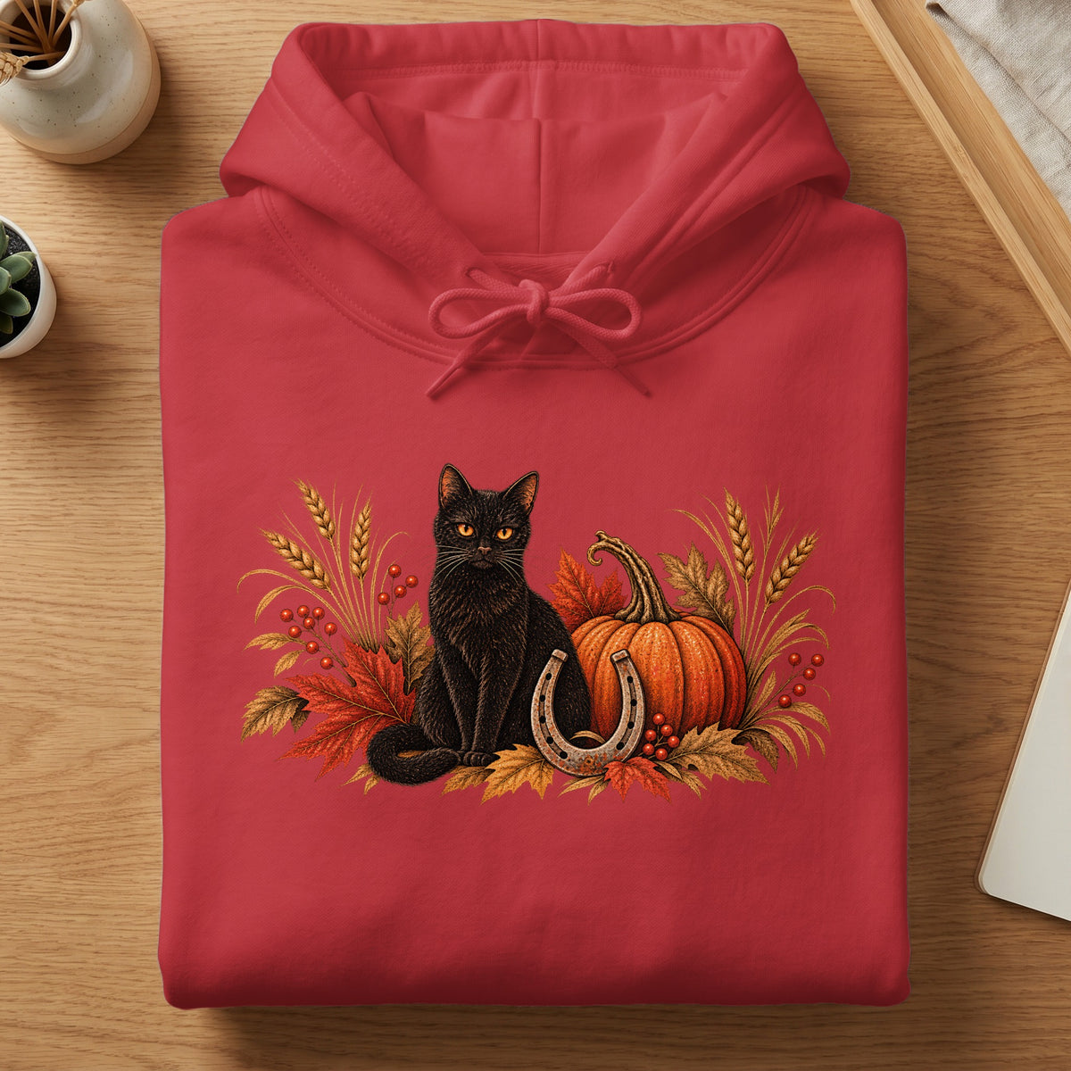 Red hoodie with a black cat, pumpkin, horseshoe, and autumn leaves graphic.