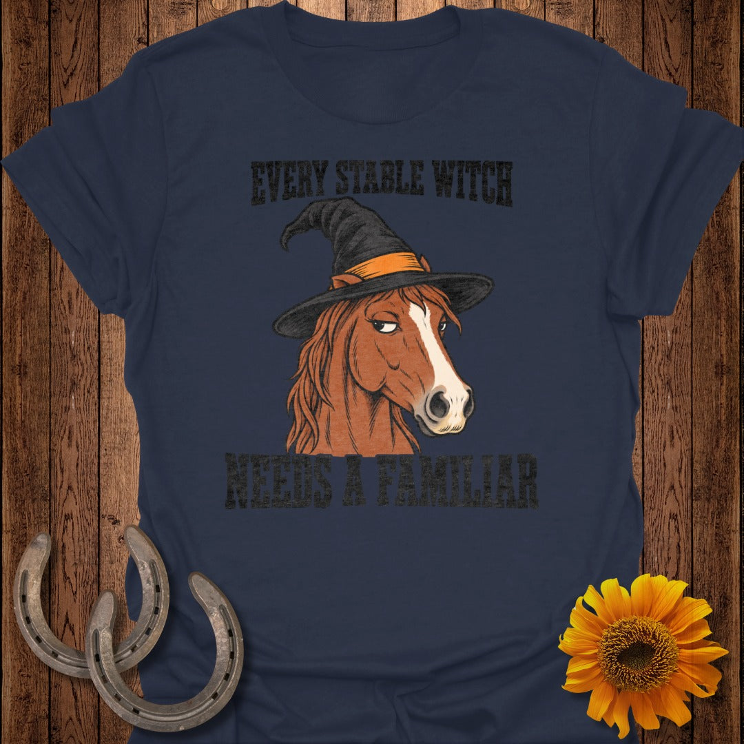 Horse wearing a witch hat with text "EVERY STABLE WITCH NEEDS A FAMILIAR".