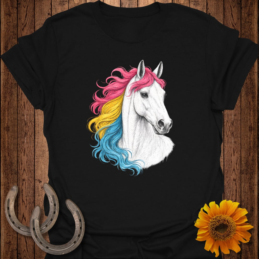 White horse head with pink, yellow, and blue mane on black t-shirt.