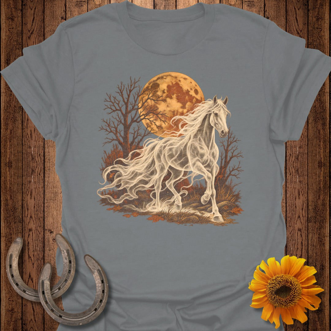 Ghostly white horse running under a full moon with bare trees and autumn leaves.