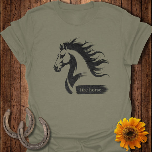 Black horse silhouette with "fire horse" text on olive green t-shirt.