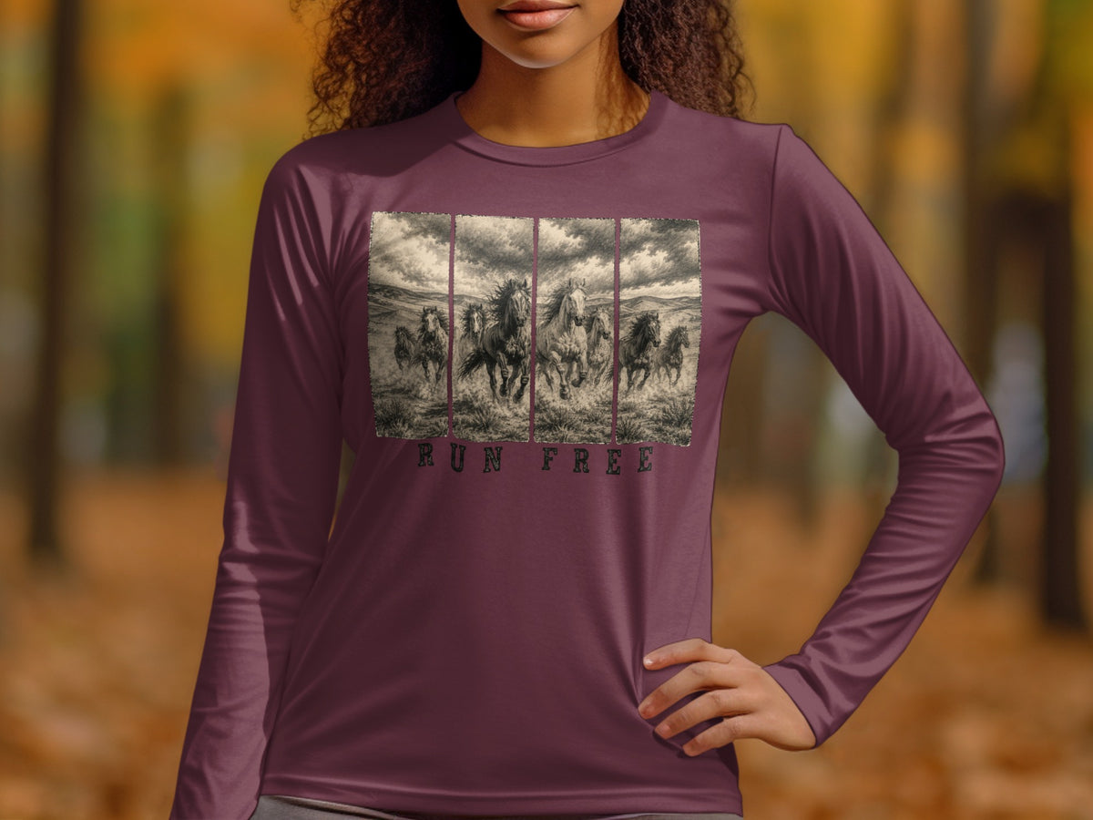 A person wearing a maroon long-sleeve t-shirt with a graphic of running horses and the text RUN FREE.