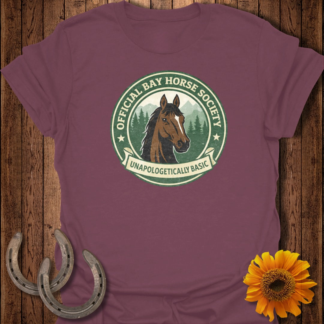 Maroon t-shirt with circular "Official Bay Horse Society" graphic.