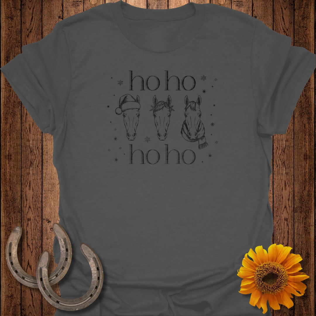Dark grey t-shirt with three horses and "ho ho ho" text.