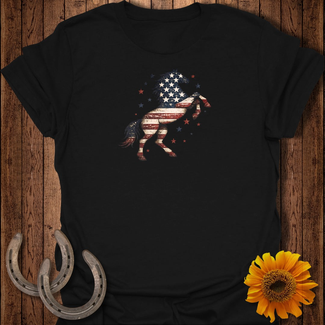 Black t-shirt featuring a horse silhouette with American flag pattern.