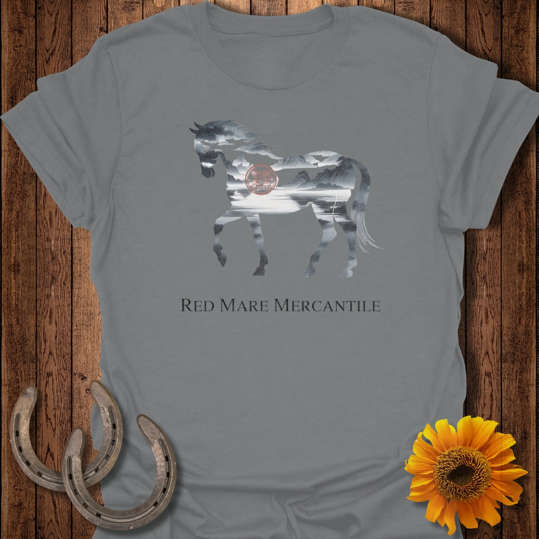 Grey t-shirt with horse silhouette filled with a landscape, featuring Red Mare Mercantile.