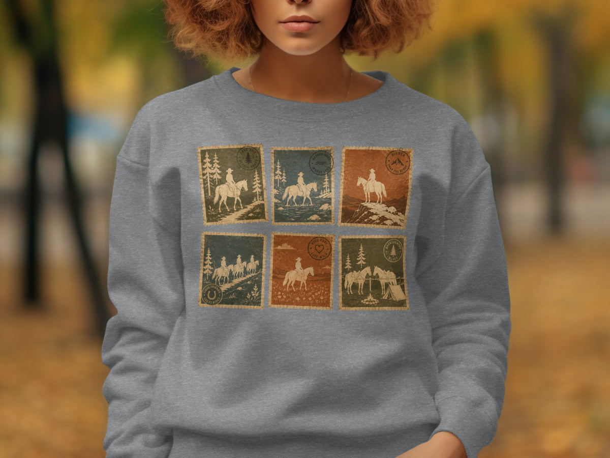 Gray sweatshirt with vintage stamp-style graphics of horseback riding scenes.