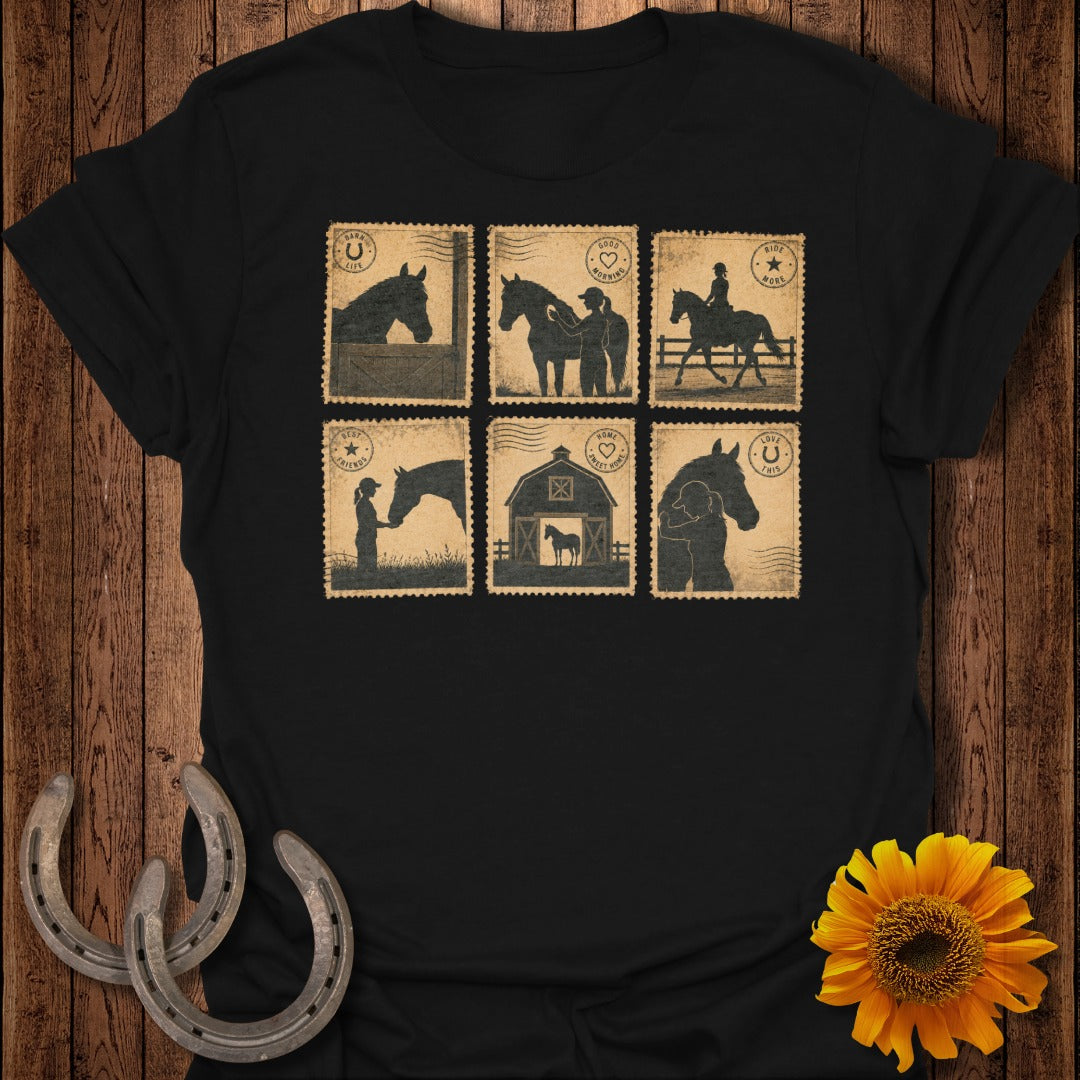 T-shirt with six stamp-like graphics of horses and riders.