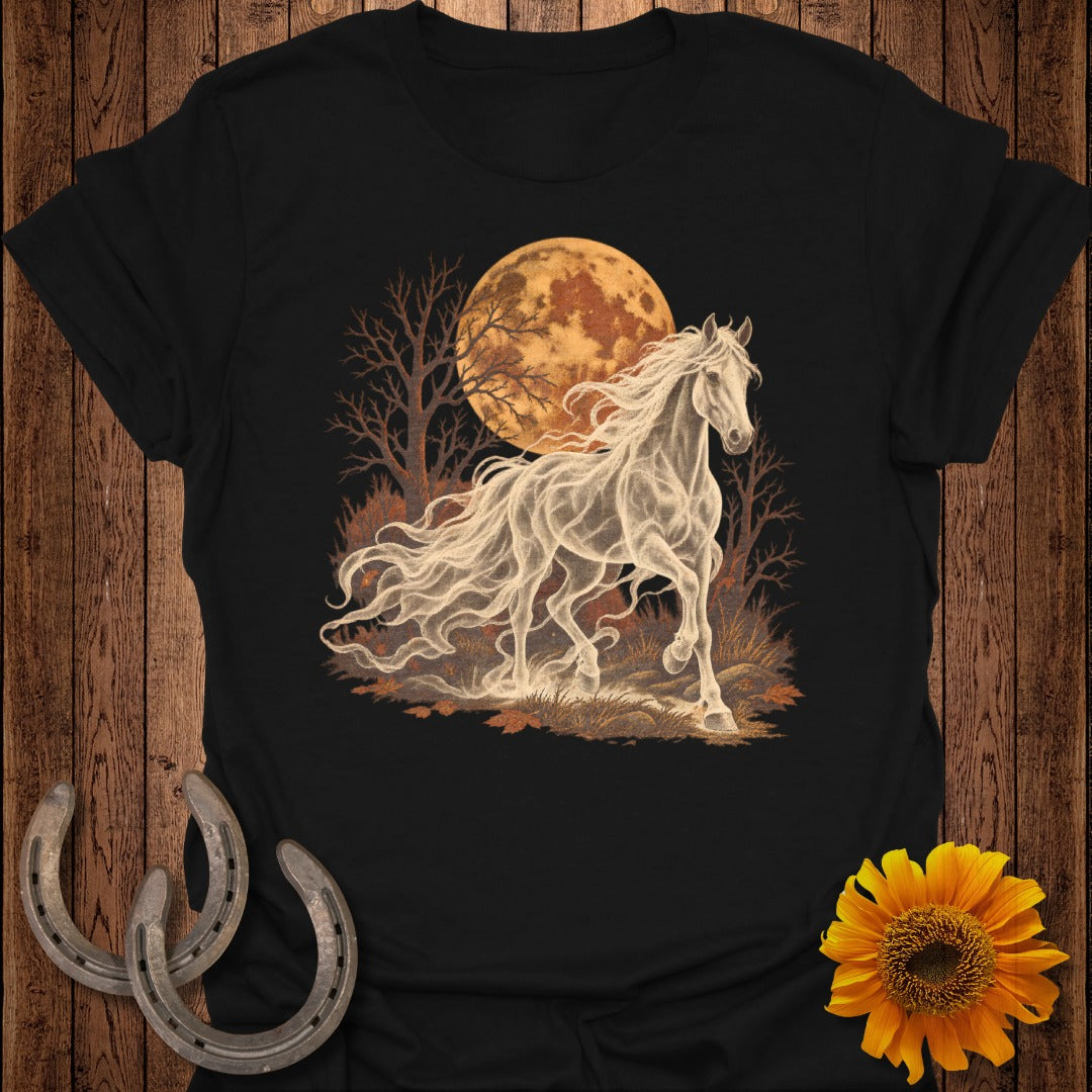 Ghostly white horse running under a large, textured moon with bare trees.