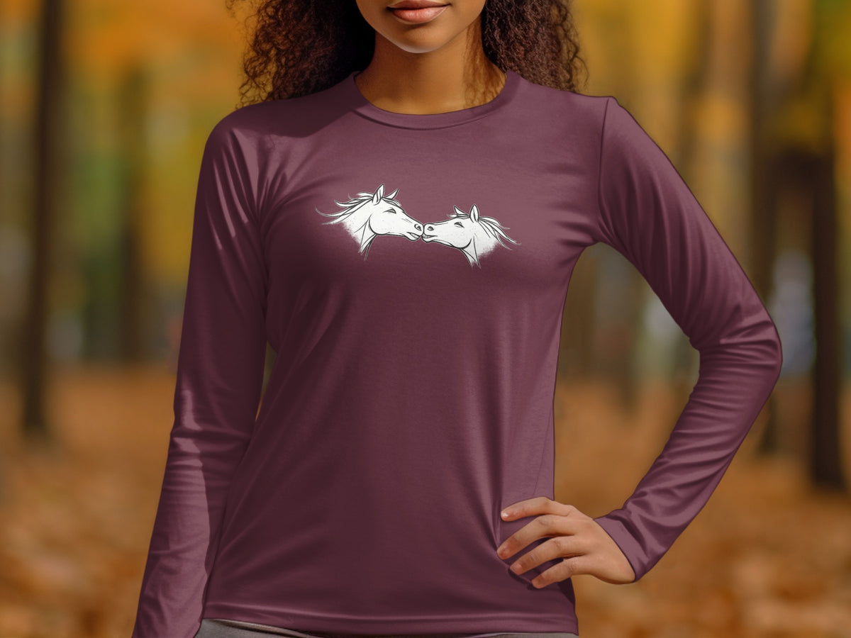 Maroon long-sleeve shirt with two white horse heads touching noses graphic.