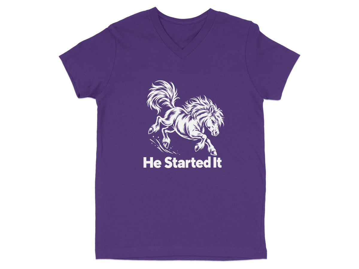 Purple V-neck t-shirt featuring a white graphic of a bucking horse and the text He Started It.