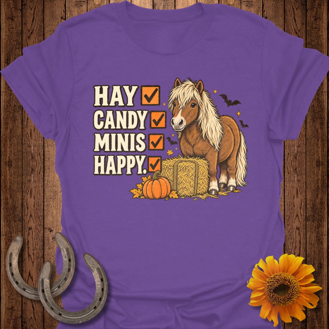 Purple t-shirt with "Hay Candy Minis Happy" checklist and a miniature horse.