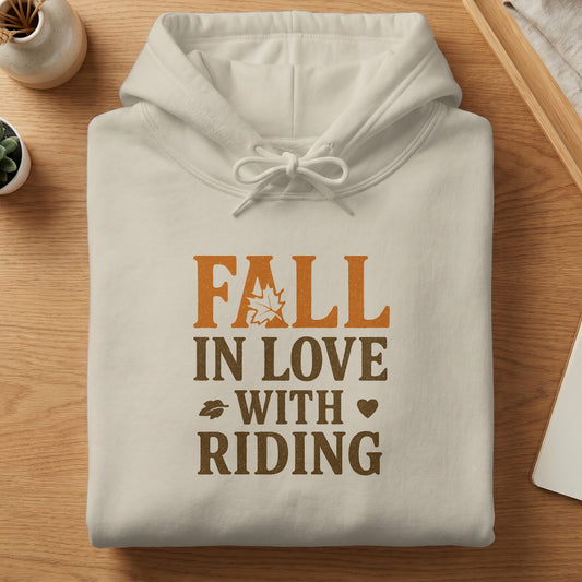 Cream hoodie with "Fall in Love with Riding" graphic and fall leaf.