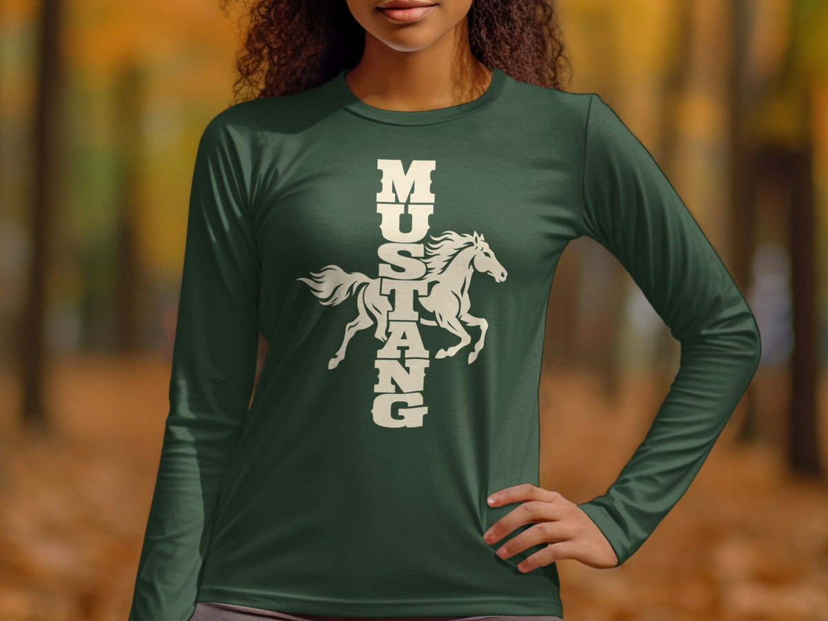 A person wearing a dark green long-sleeved shirt with a white graphic of a galloping horse and the word MUSTANG.