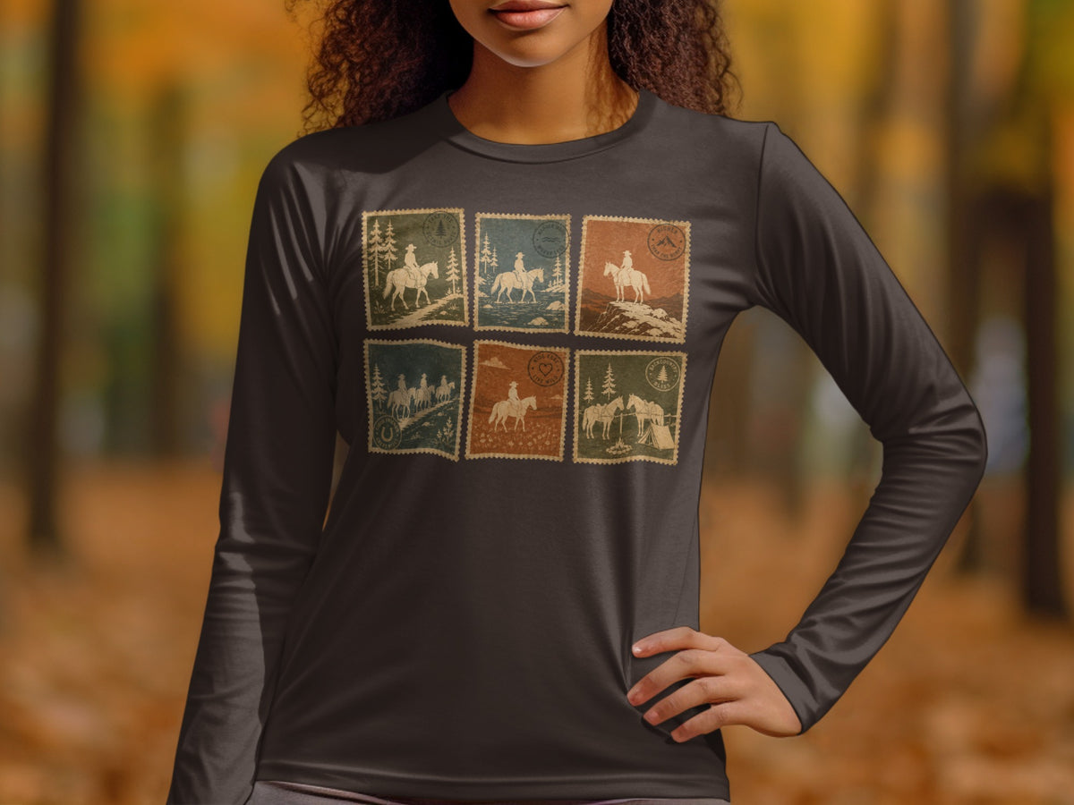 Long sleeve t-shirt with six vintage stamp-like graphics of horseback riding scenes.