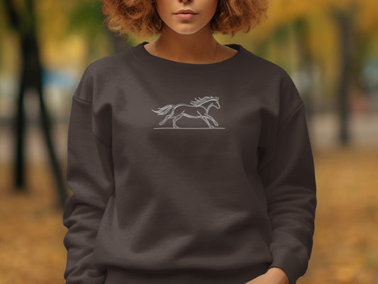 Dark brown sweatshirt with a white line-drawing of a galloping horse.