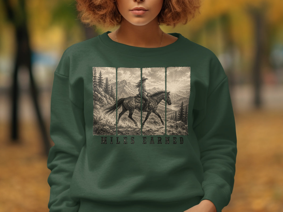Illustration of a person riding a horse in the mountains with text "MILES EARNED".