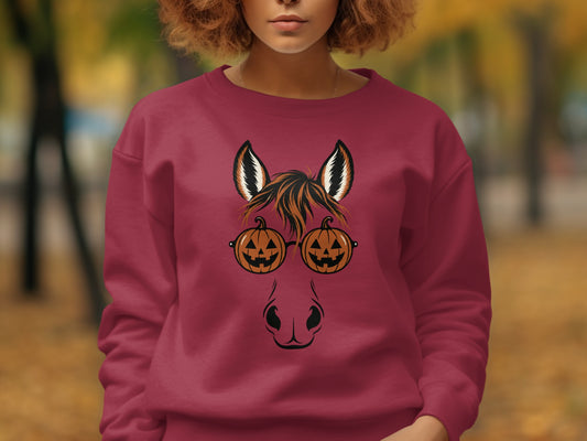 Horse face with pumpkin glasses graphic on maroon sweatshirt.