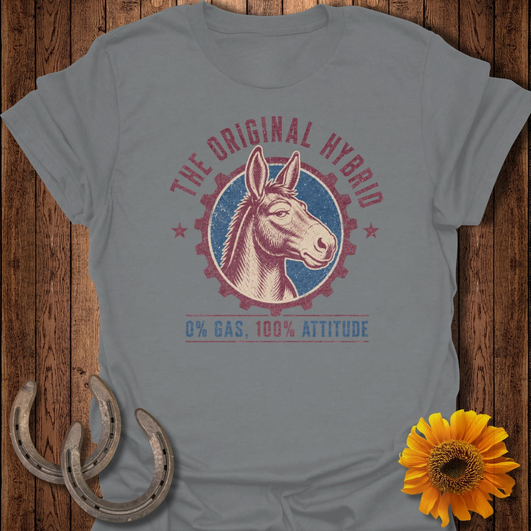 Grey t-shirt with "The Original Hybrid 0% Gas, 100% Attitude" and donkey graphic.