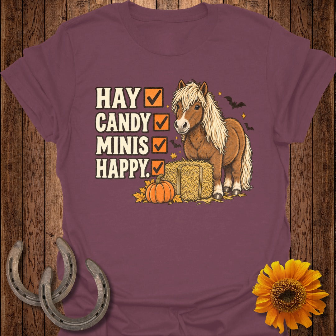 Miniature horse with hay, pumpkin, and checklist: "Hay, Candy, Minis, Happy."