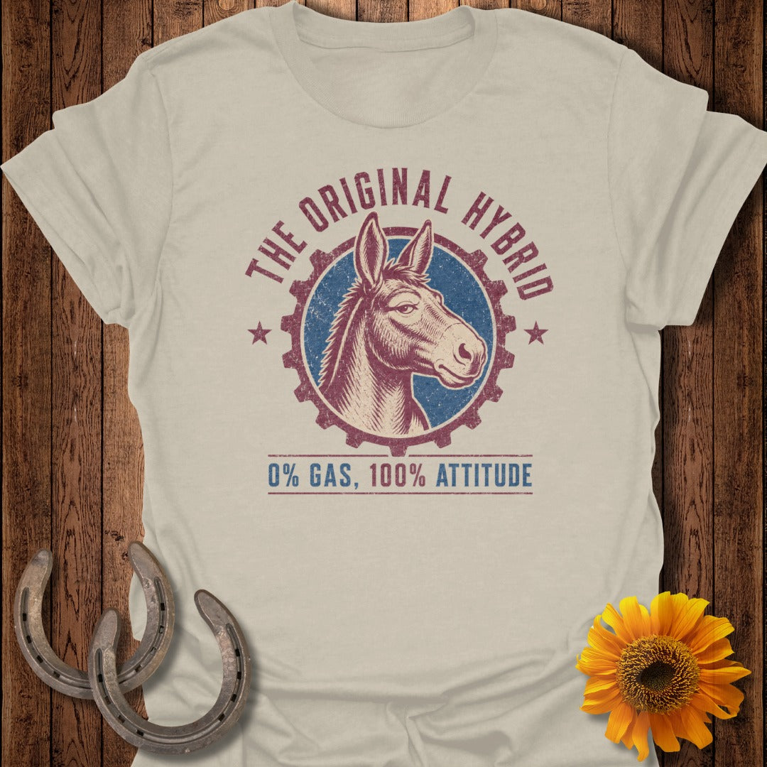 T-shirt with original hybrid donkey graphic and "0% gas, 100% attitude" text.
