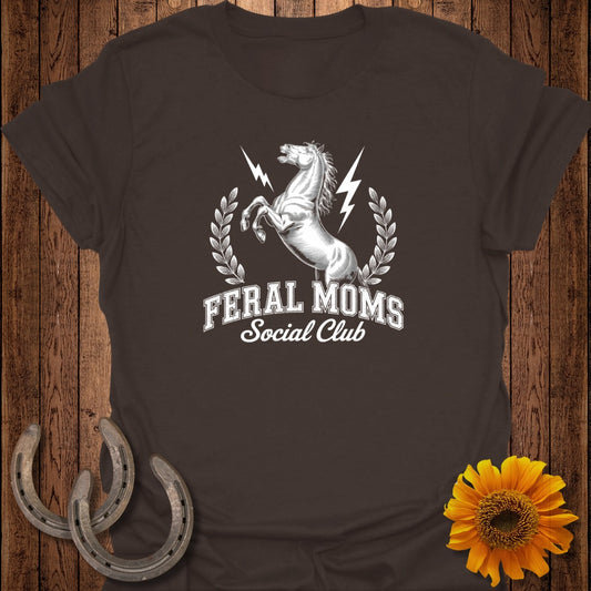 White horse with "Feral Moms Social Club" text on dark brown t-shirt.
