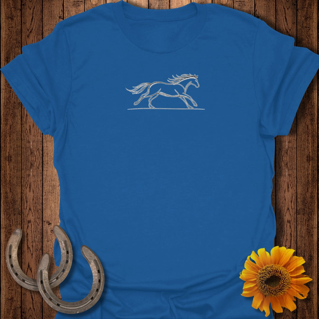 Blue t-shirt with a white outline of a galloping horse, horseshoes, and sunflower.