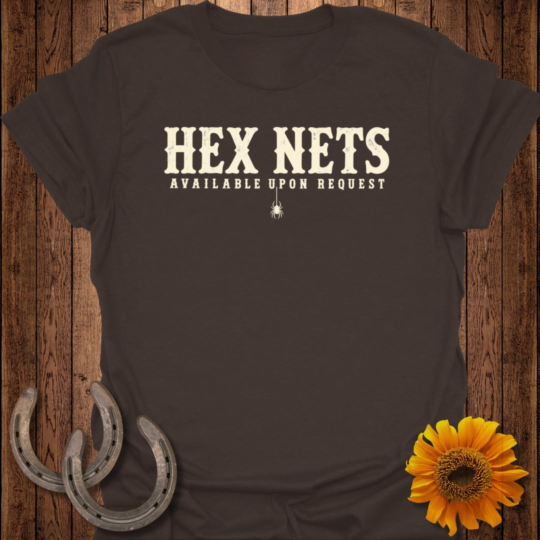 Brown t-shirt with "HEX NETS AVAILABLE UPON REQUEST" text and spider graphic.