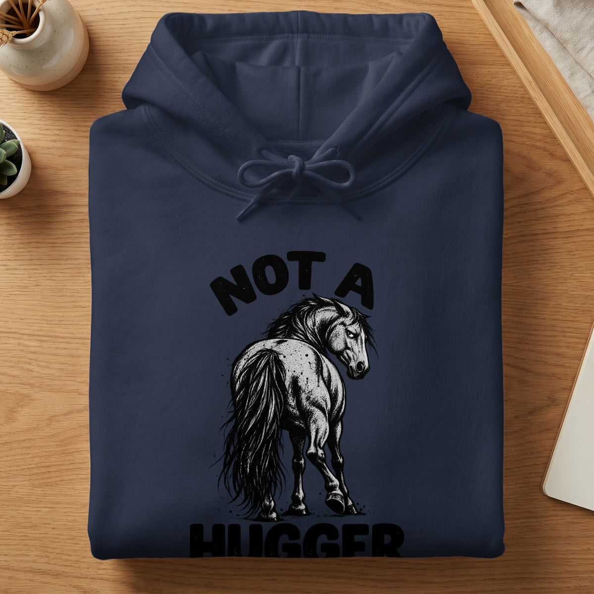 Navy hoodie with "NOT A HUGGER" text and a black horse graphic.