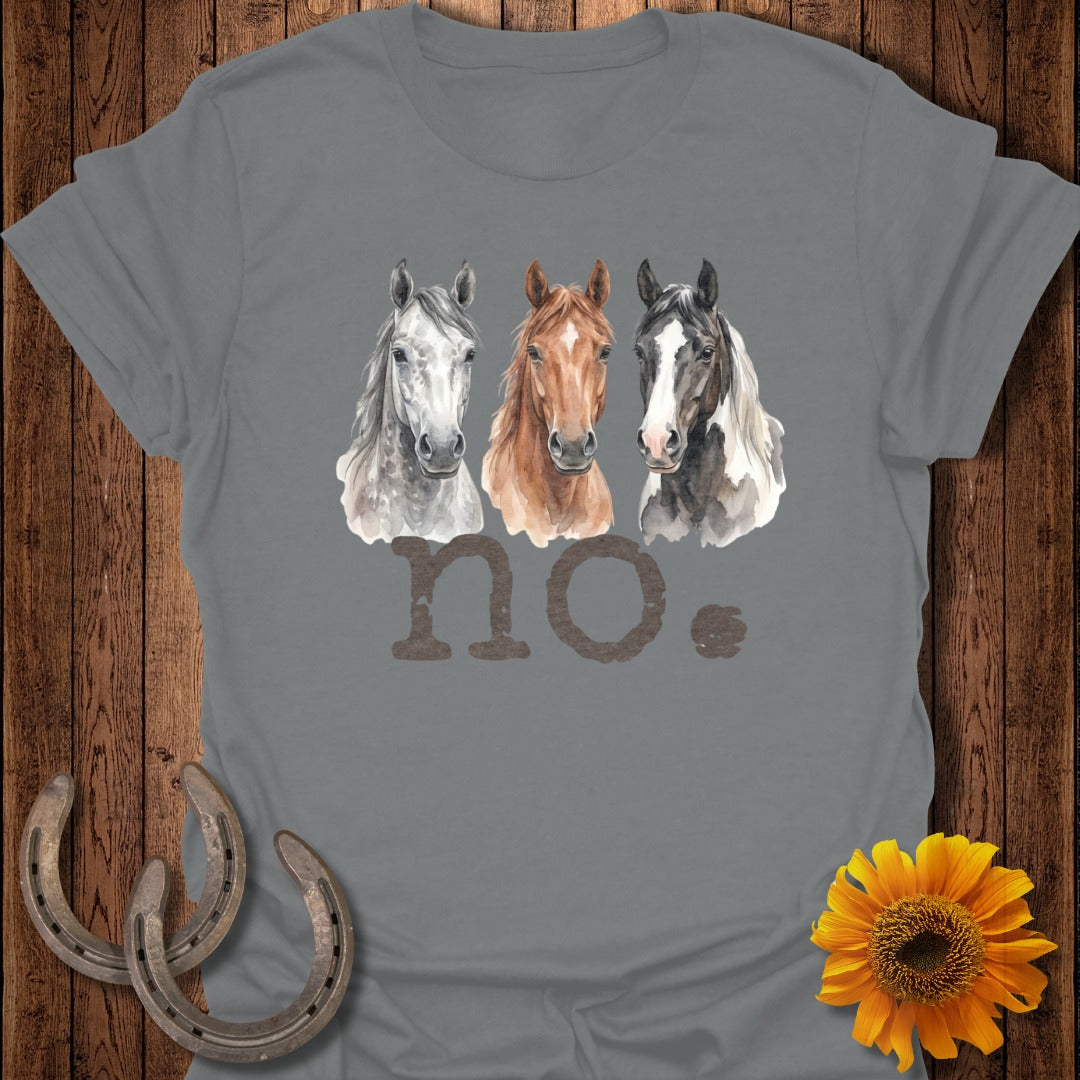 Three horses in watercolor style above the word "NO."