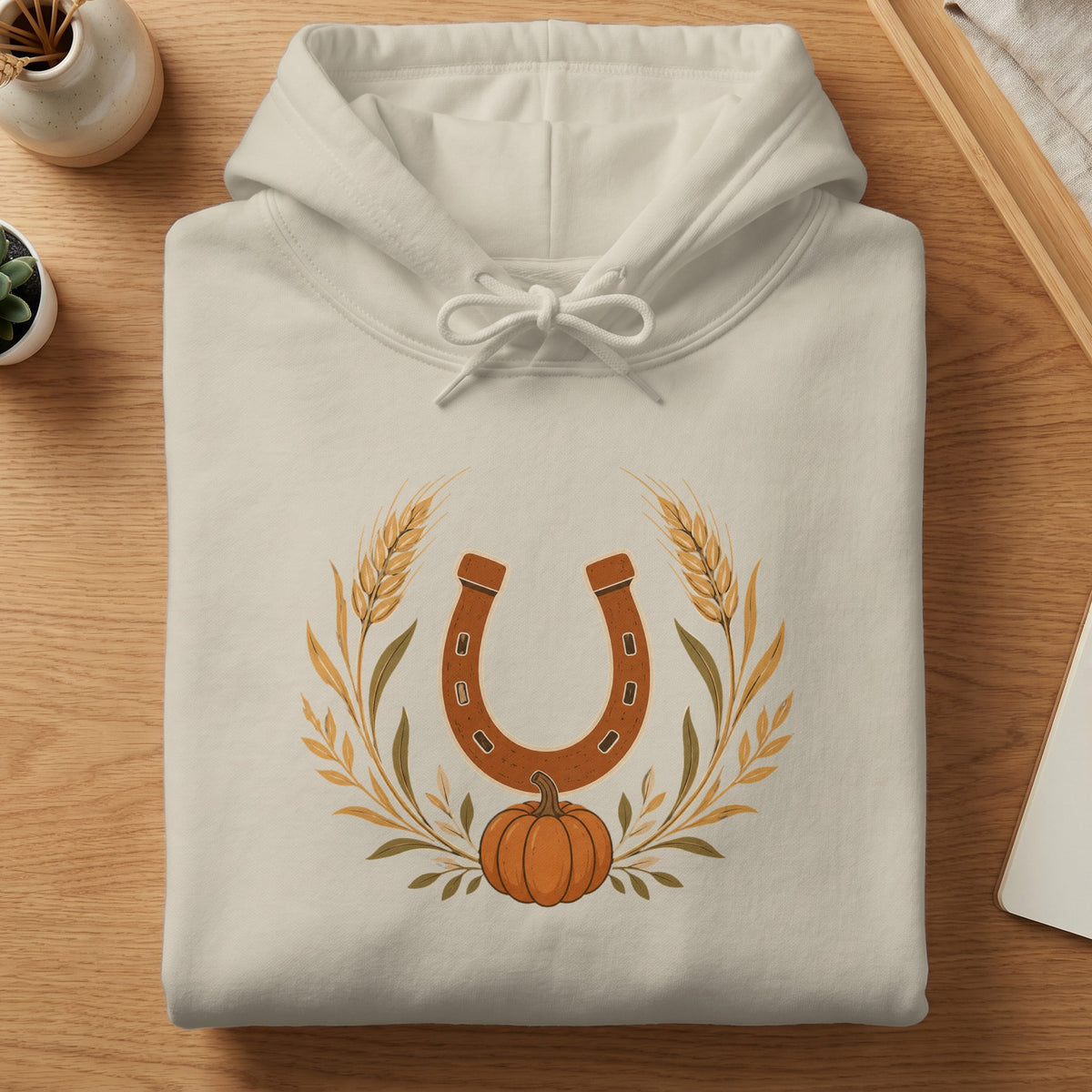 Cream hoodie with a horseshoe, wheat, and pumpkin graphic design.