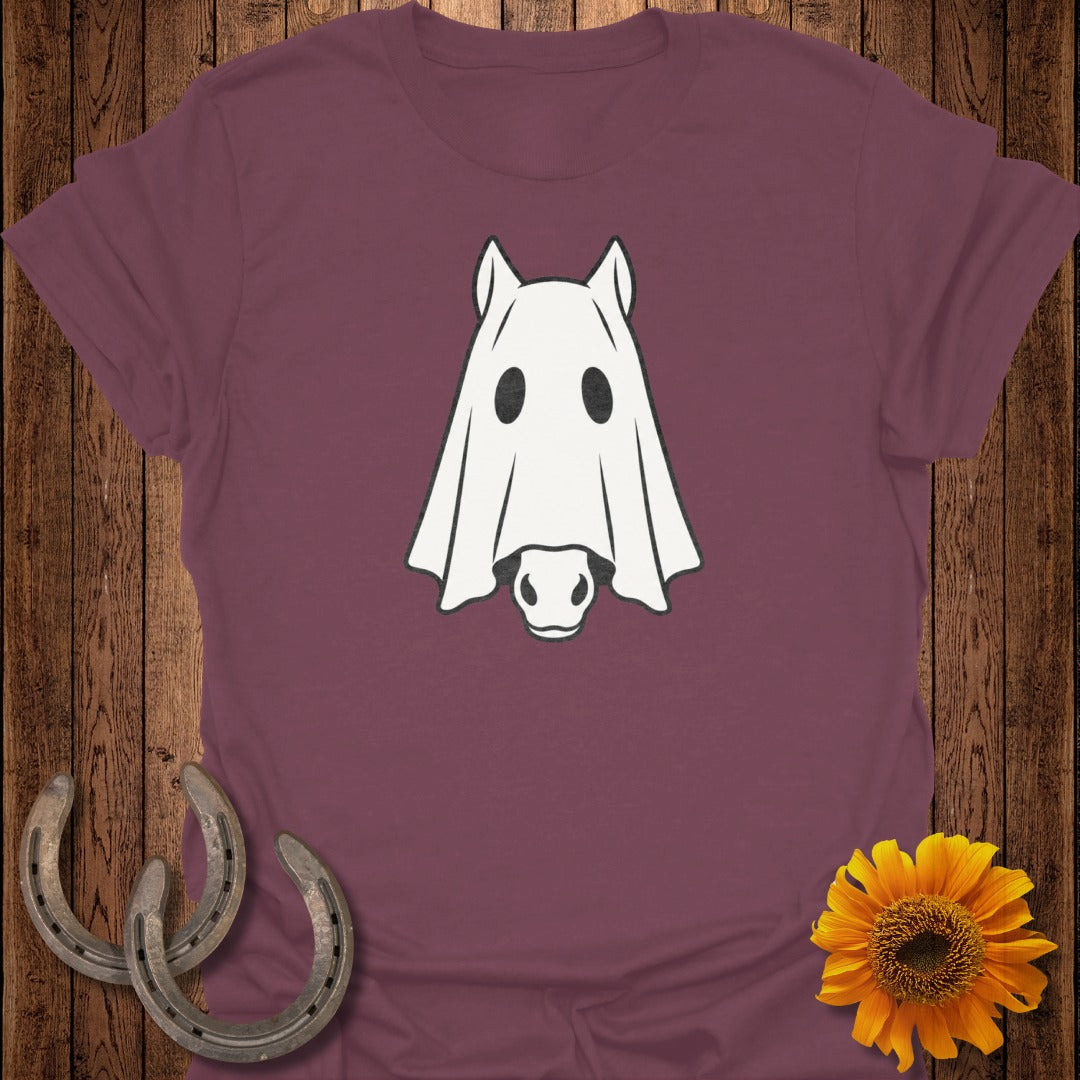Maroon t-shirt with white ghost horse graphic, two horseshoes, and sunflower.