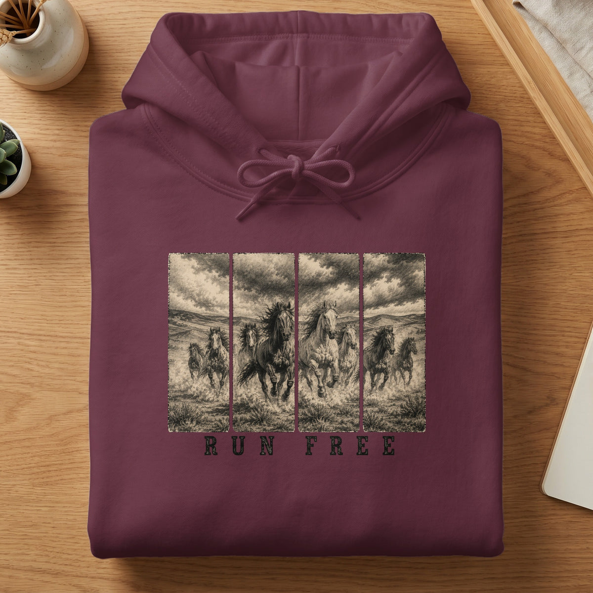 Burgundy hoodie with vintage horse print and "RUN FREE" text.