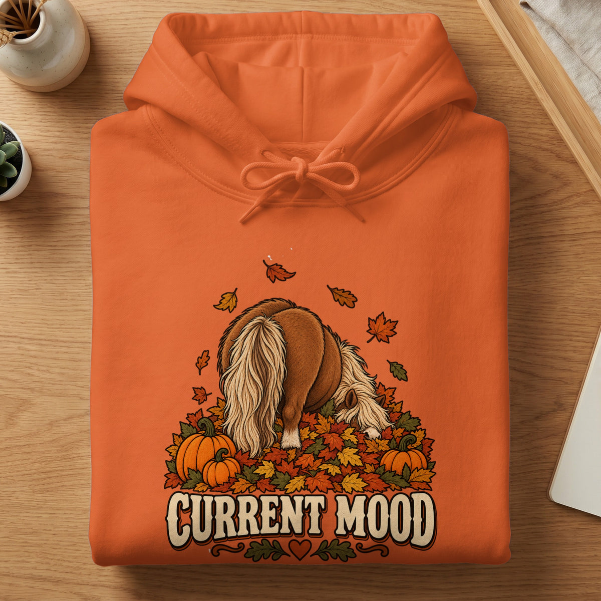 Orange hoodie with a graphic of a pony in fall leaves and pumpkins, reading "CURRENT MOOD".