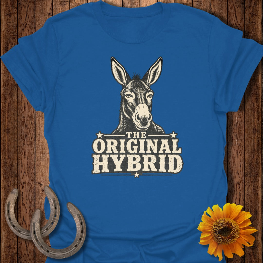 Blue t-shirt with "The Original Hybrid" and a donkey head graphic.