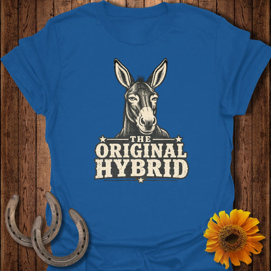 Blue t-shirt with "The Original Hybrid" and a donkey head graphic.