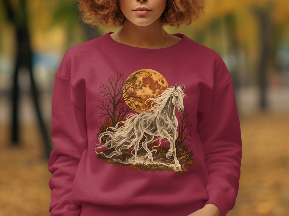 Ghostly white horse running in front of an orange moon and bare trees.