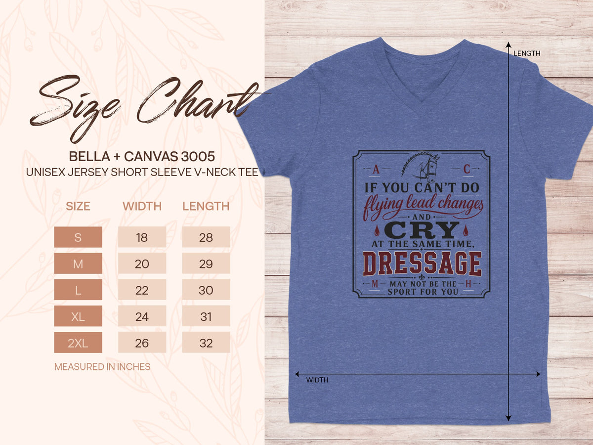 Bella + Canvas 3005 unisex V-neck tee size chart with equestrian graphic.