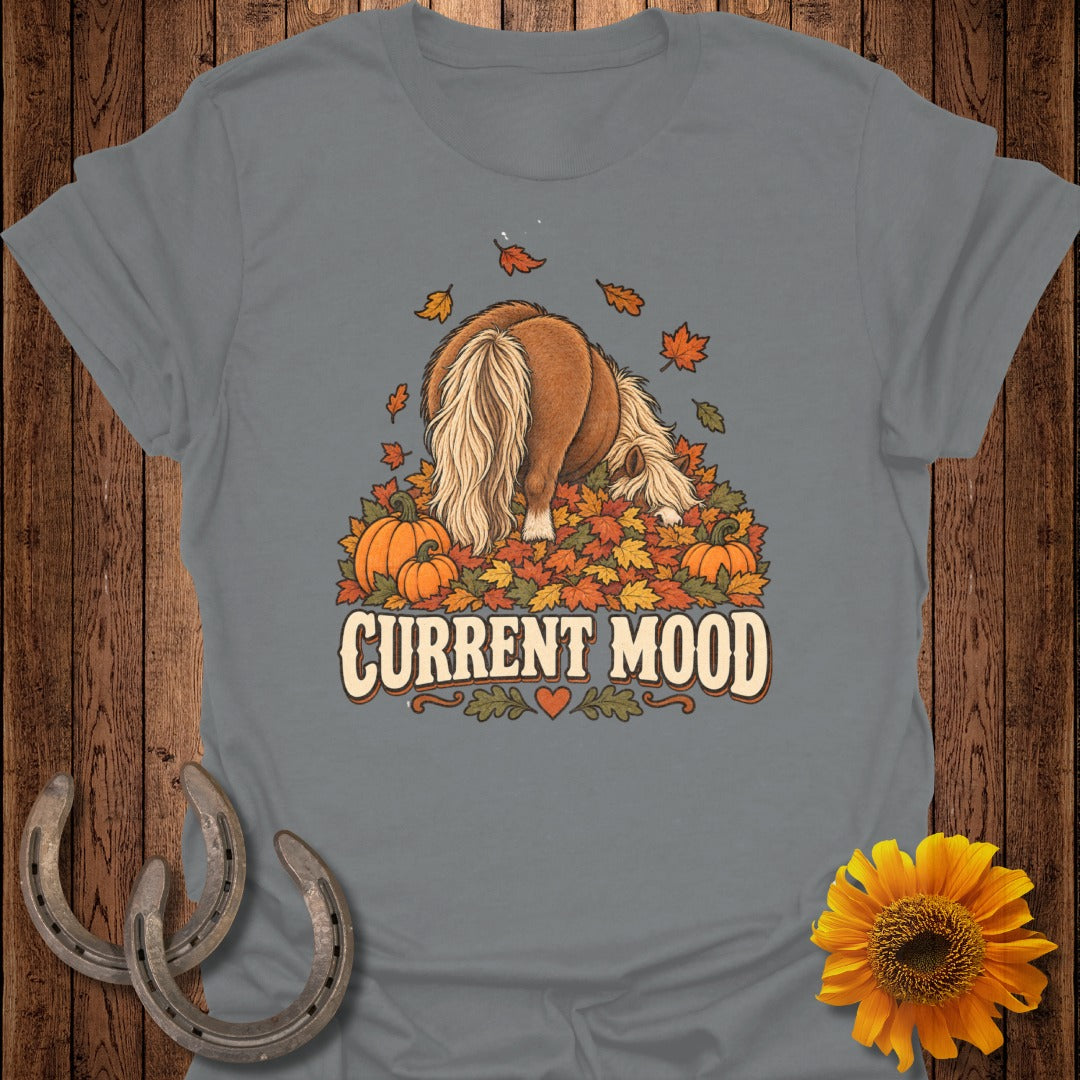 Brown pony with long mane among pumpkins and autumn leaves, text "CURRENT MOOD".